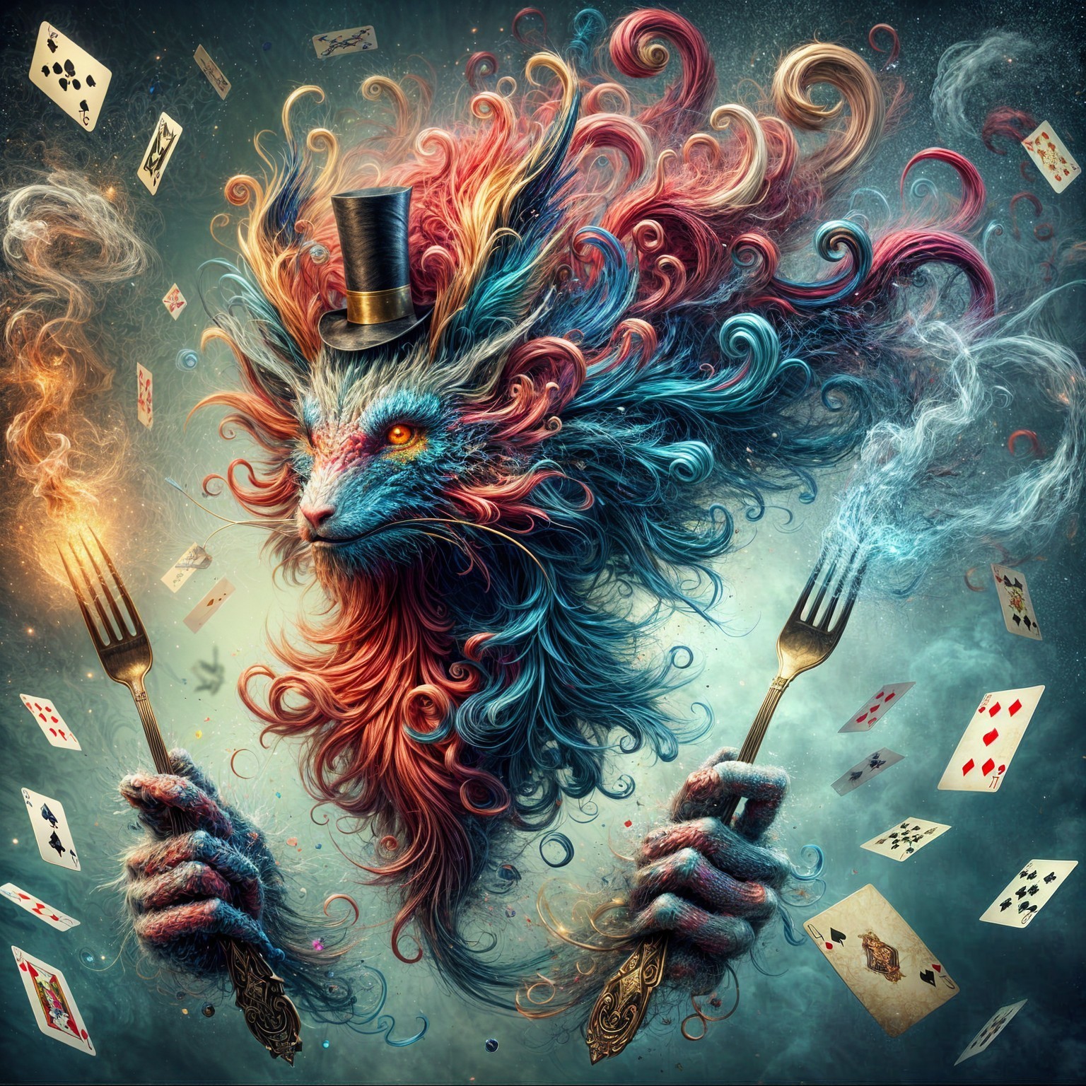 Vibrant Creature with Top Hat and Playing Cards