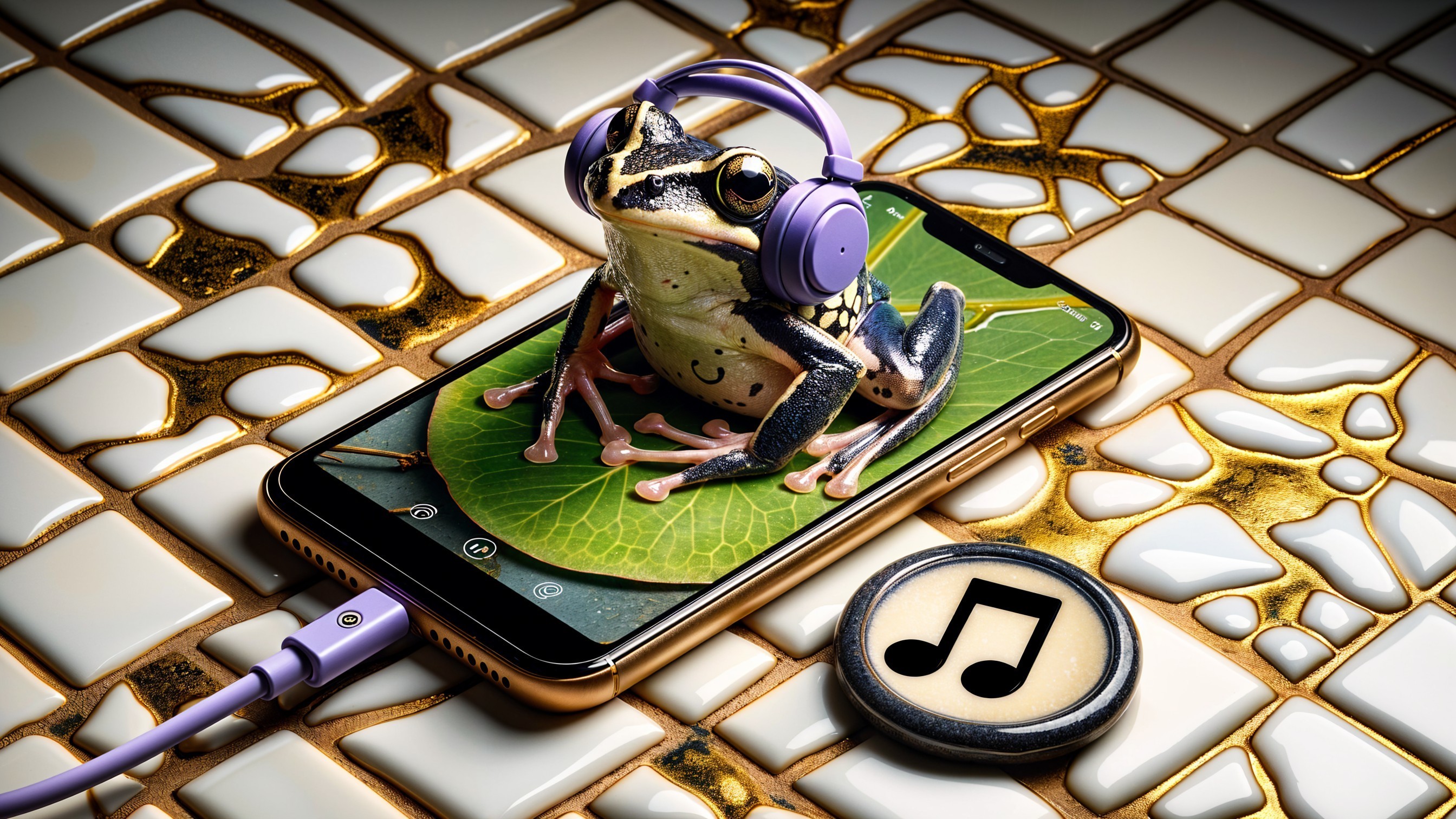 Green Frog on Smartphone with Leaf and Headphones
