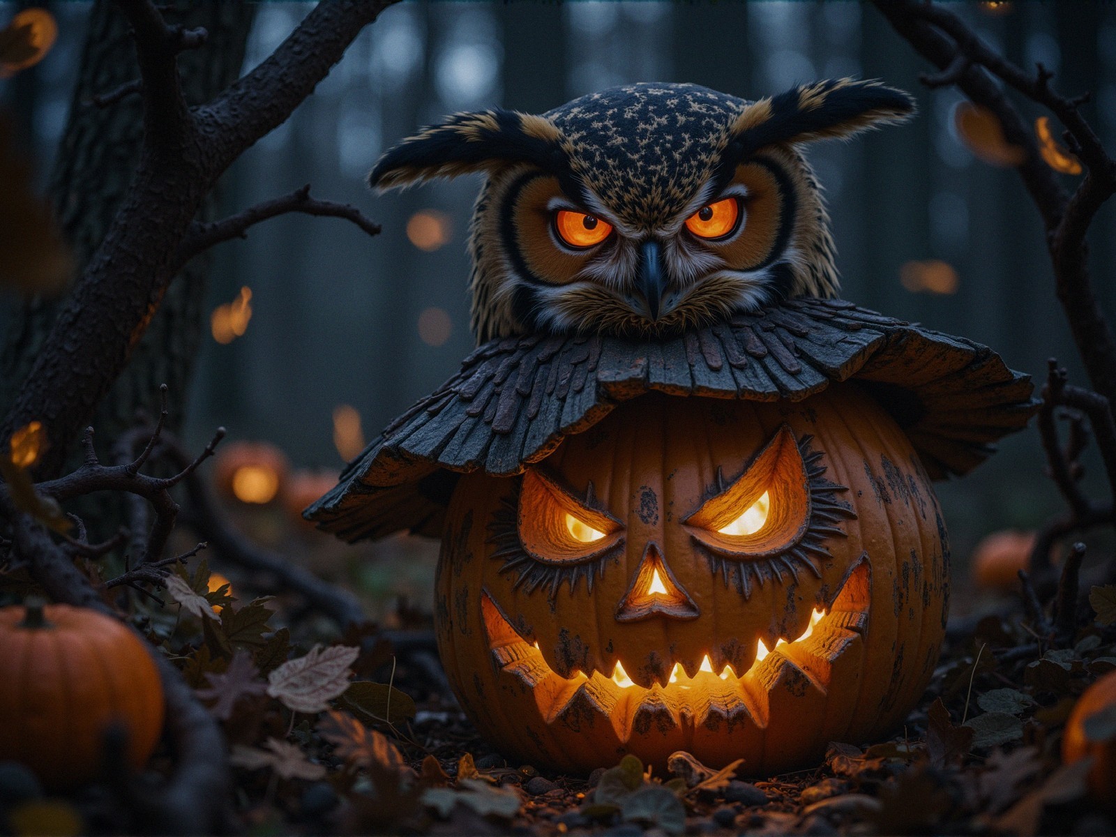 Owl on Glowing Pumpkin in Mystical Twilight Forest