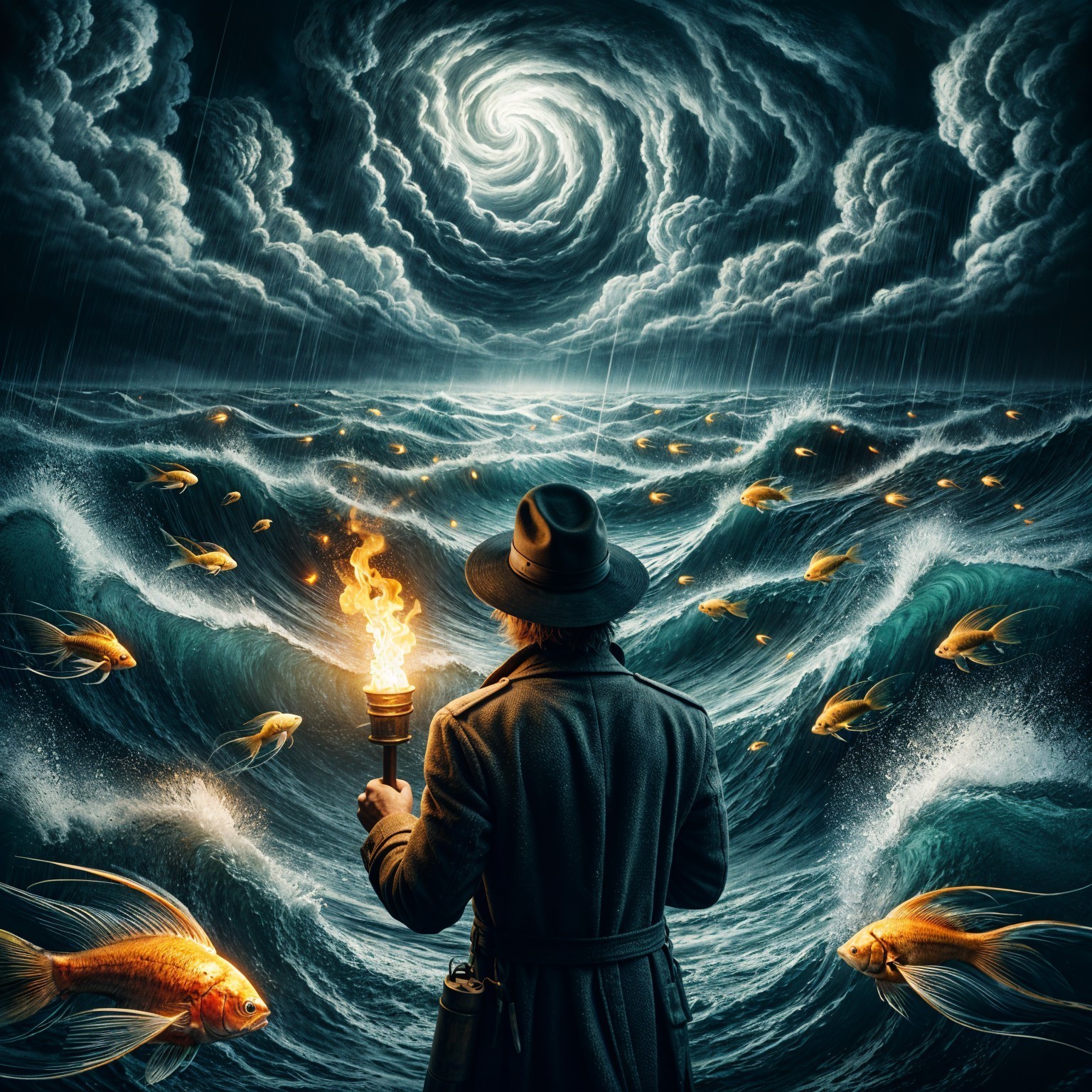 Figure with Torch in Stormy Sea and Golden Fish