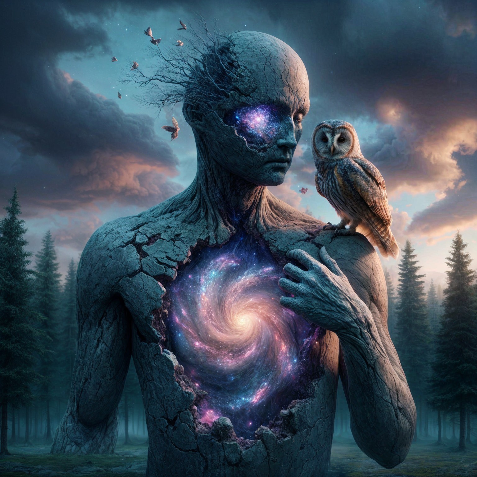 Surreal Figure with Galaxy and Owl in Forest Setting