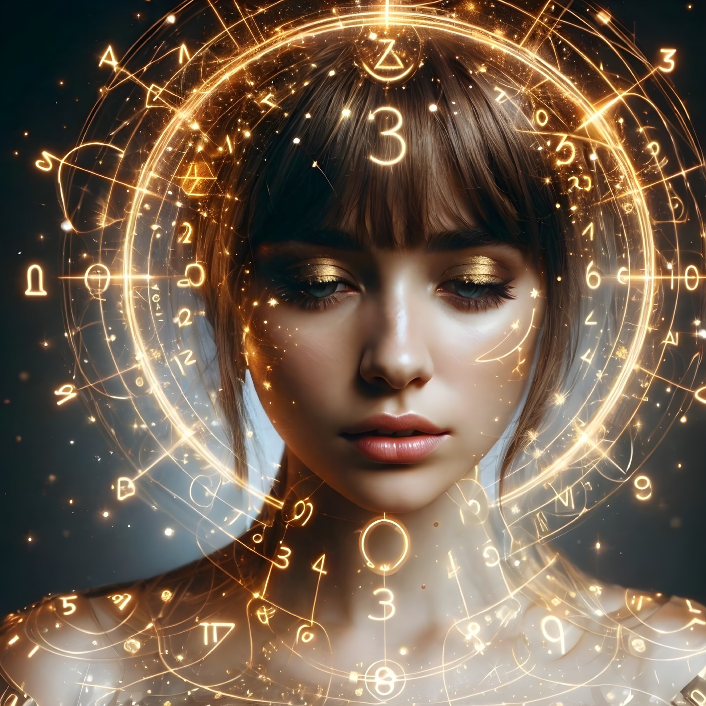 Young woman with golden symbols and cosmic backdrop
