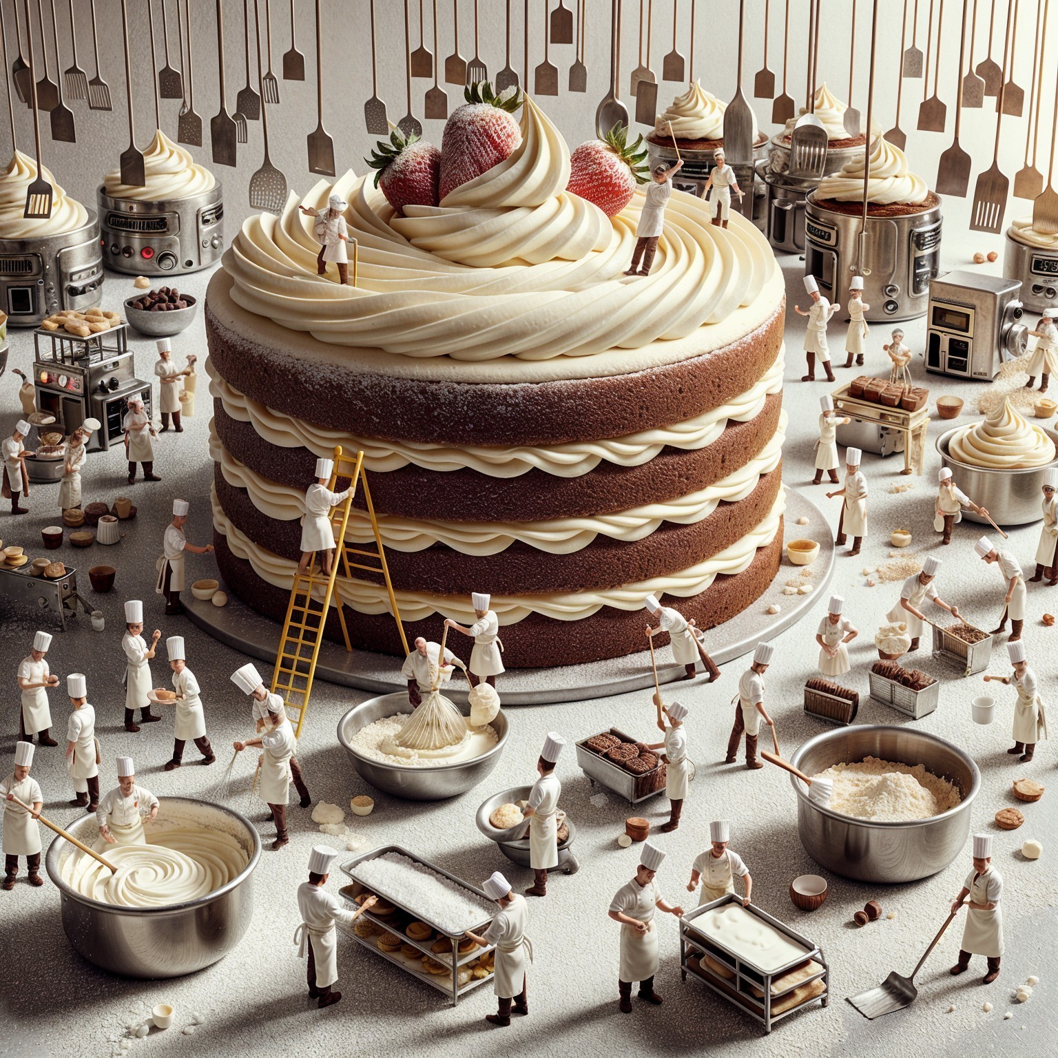Giant Layered Cake with Miniature Chefs in Bakery