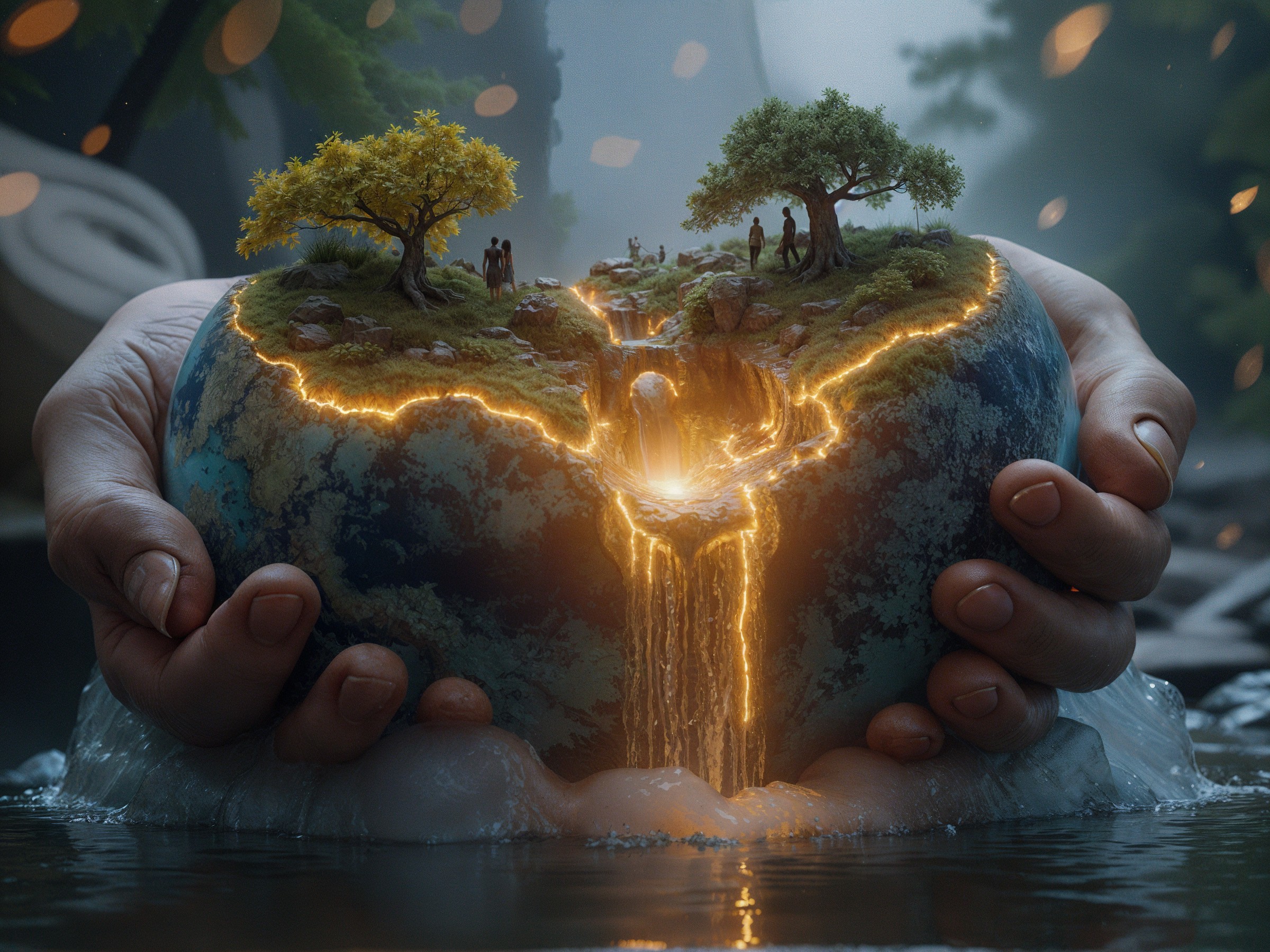 Miniature Globe with Waterfall and Lush Landscape