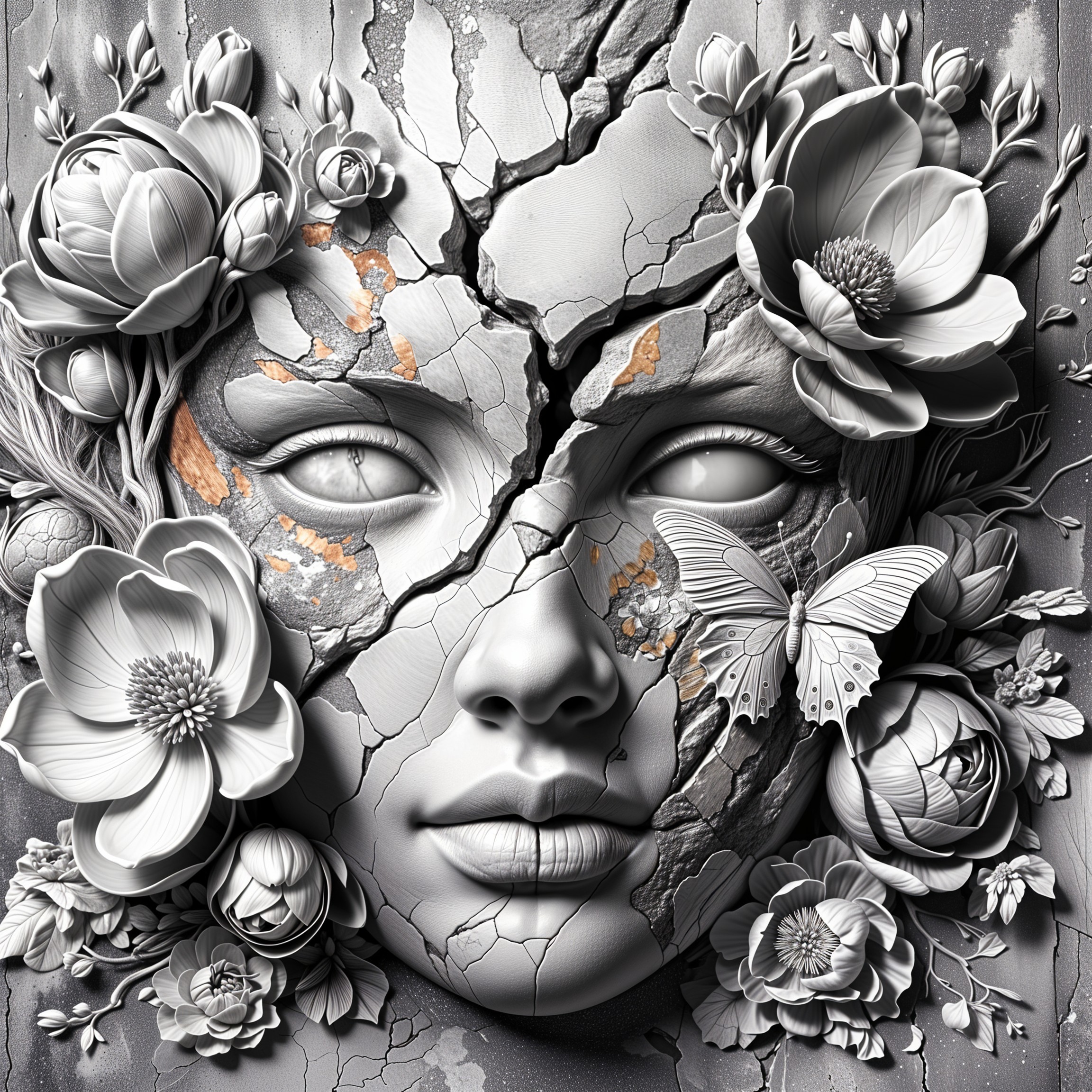 Monochromatic Face on Cracked Surface with Flowers