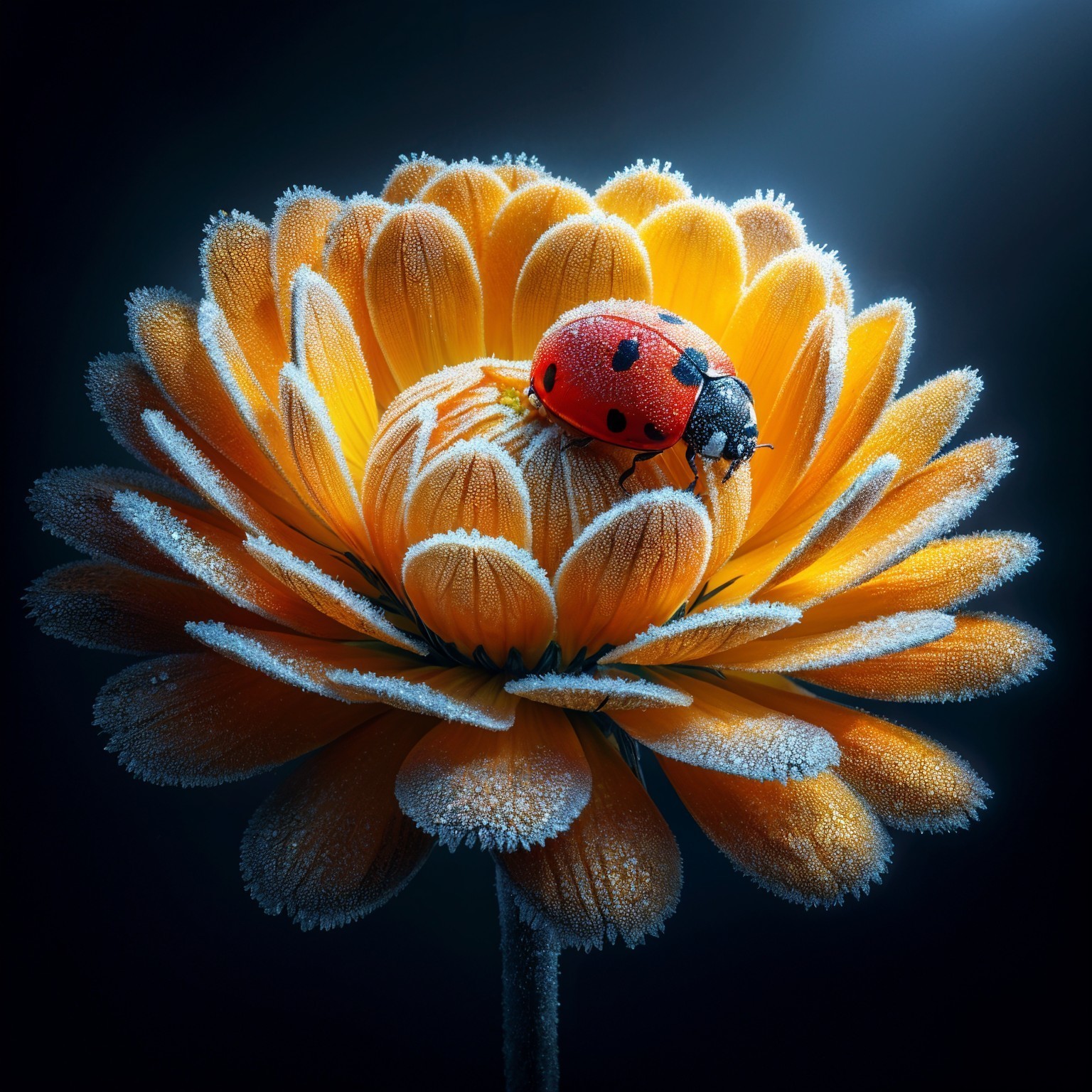Vibrant orange flower with frost and red ladybug