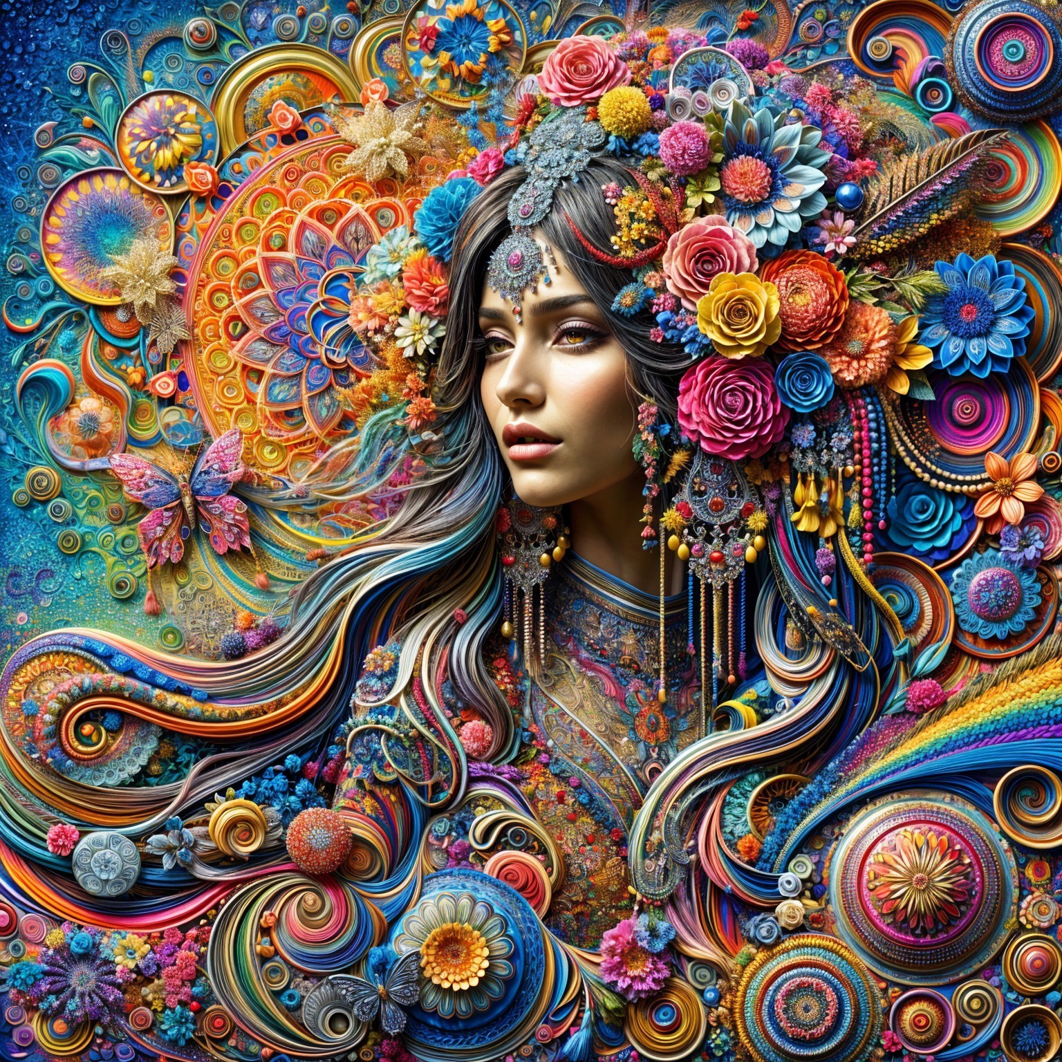 Surreal Portrait of a Woman with Colorful Flowers