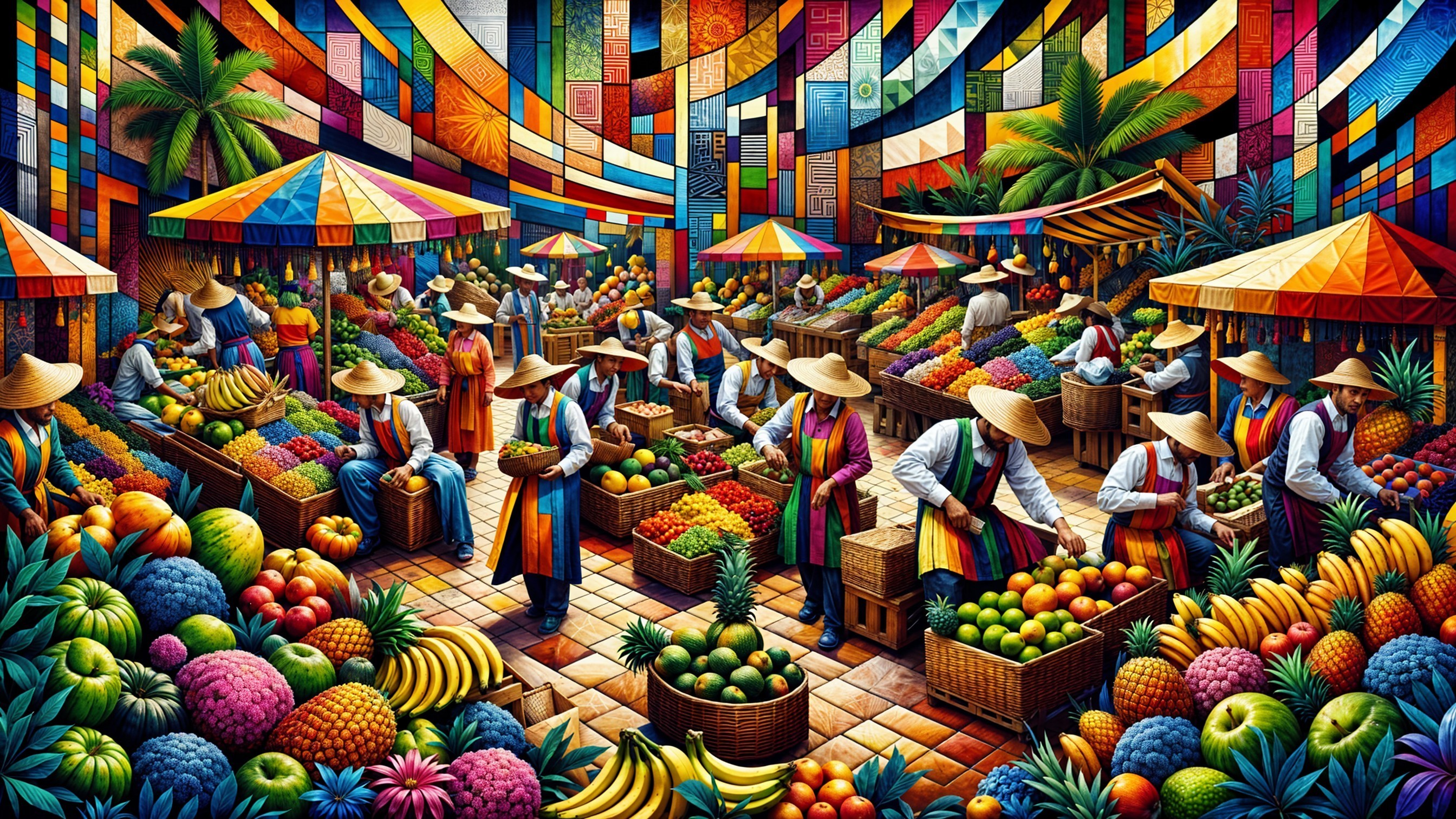 Vibrant Market Scene with Colorful Stalls and Produce