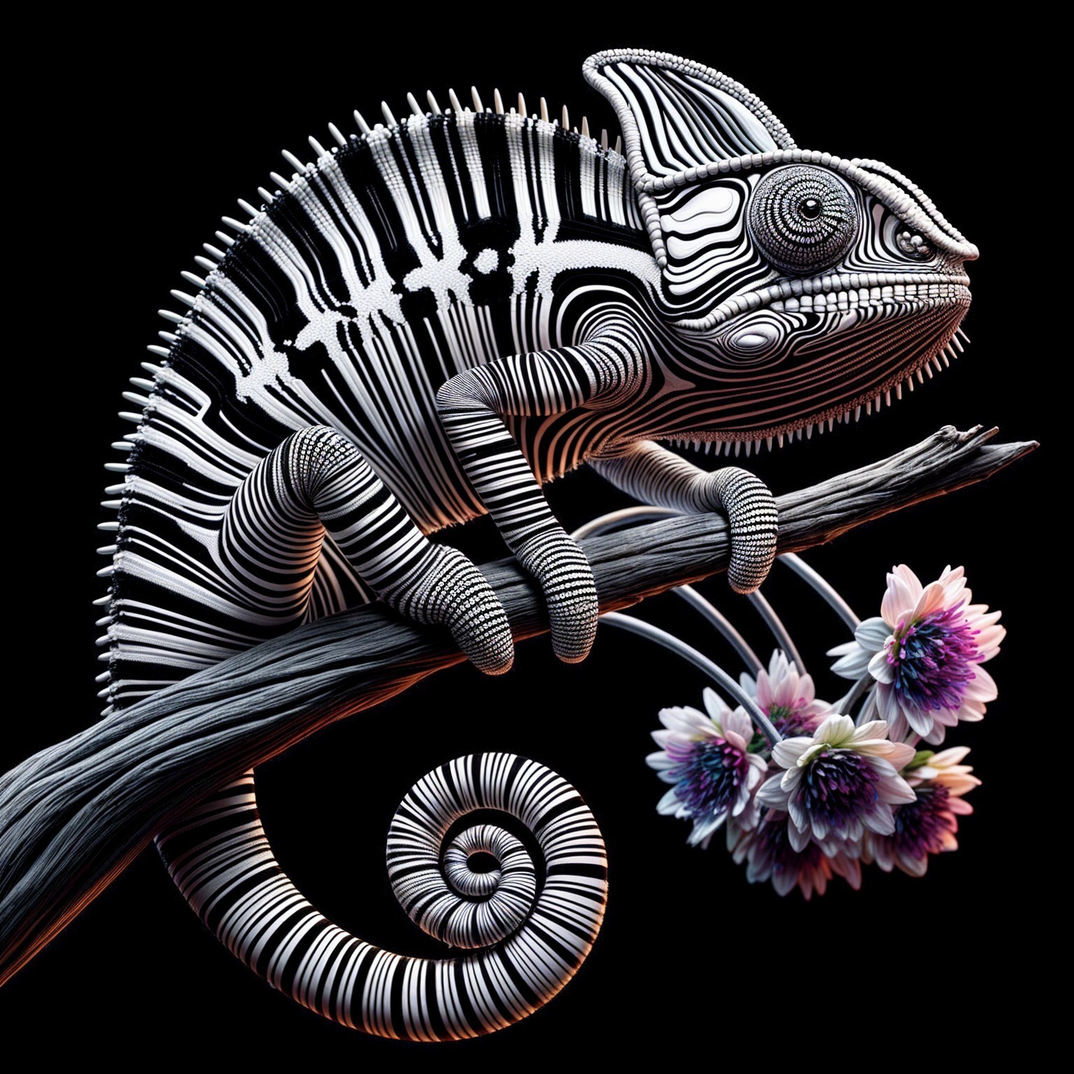 Chameleon with Black and White Stripes on Branch