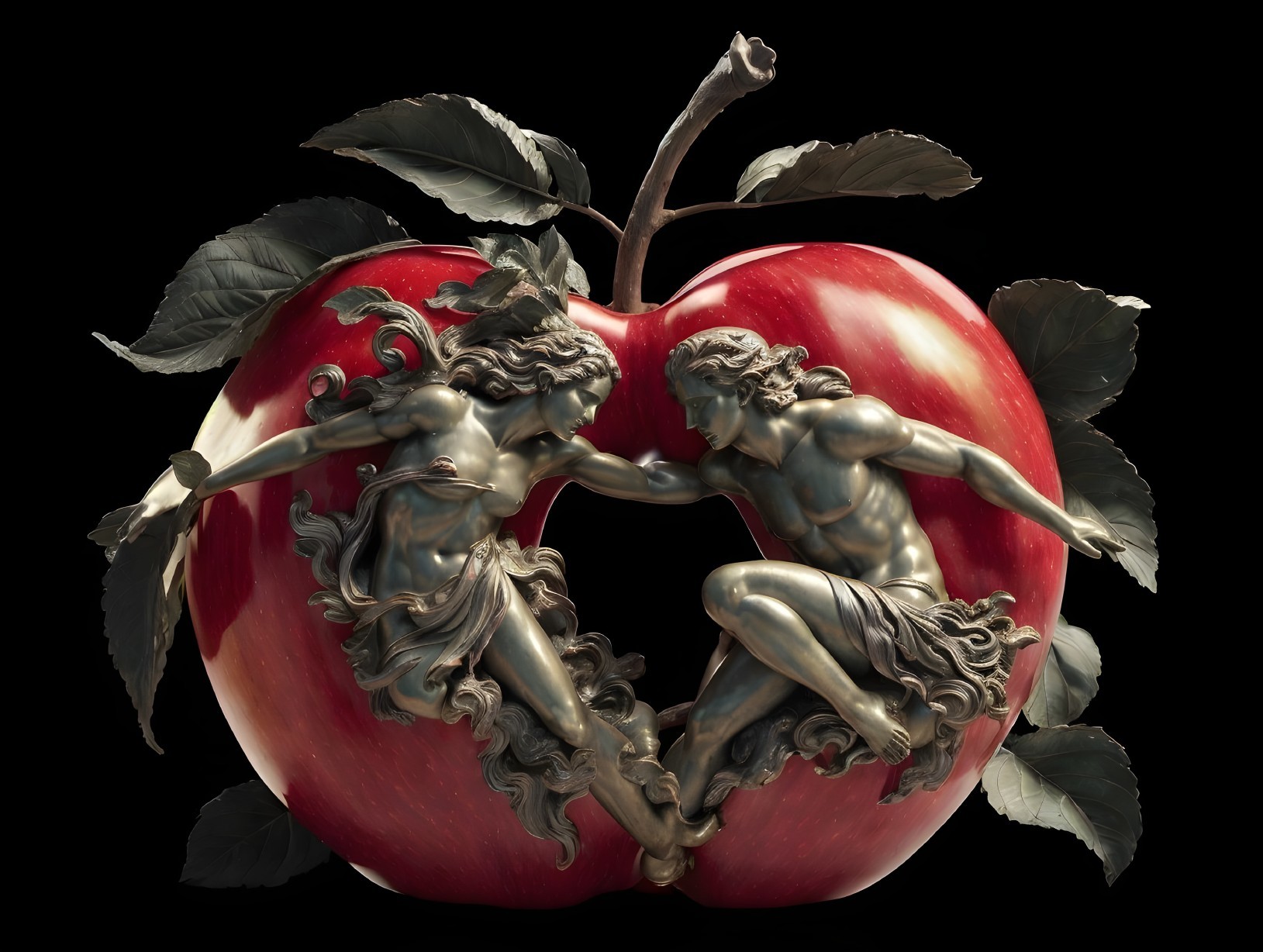 Glossy Red Apple with Sculpted Figures Inside