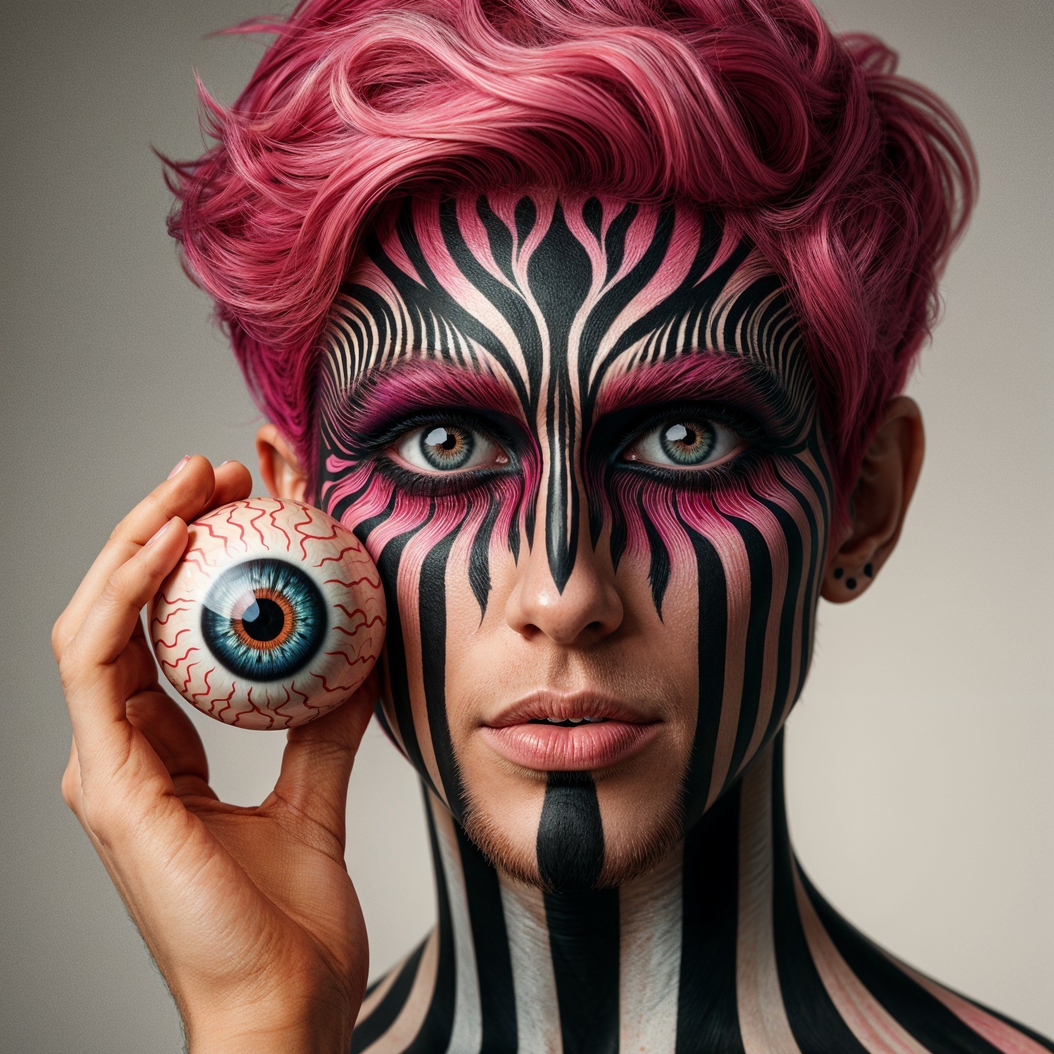 Portrait of Individual with Bold Face Paint and Eyeball Prop
