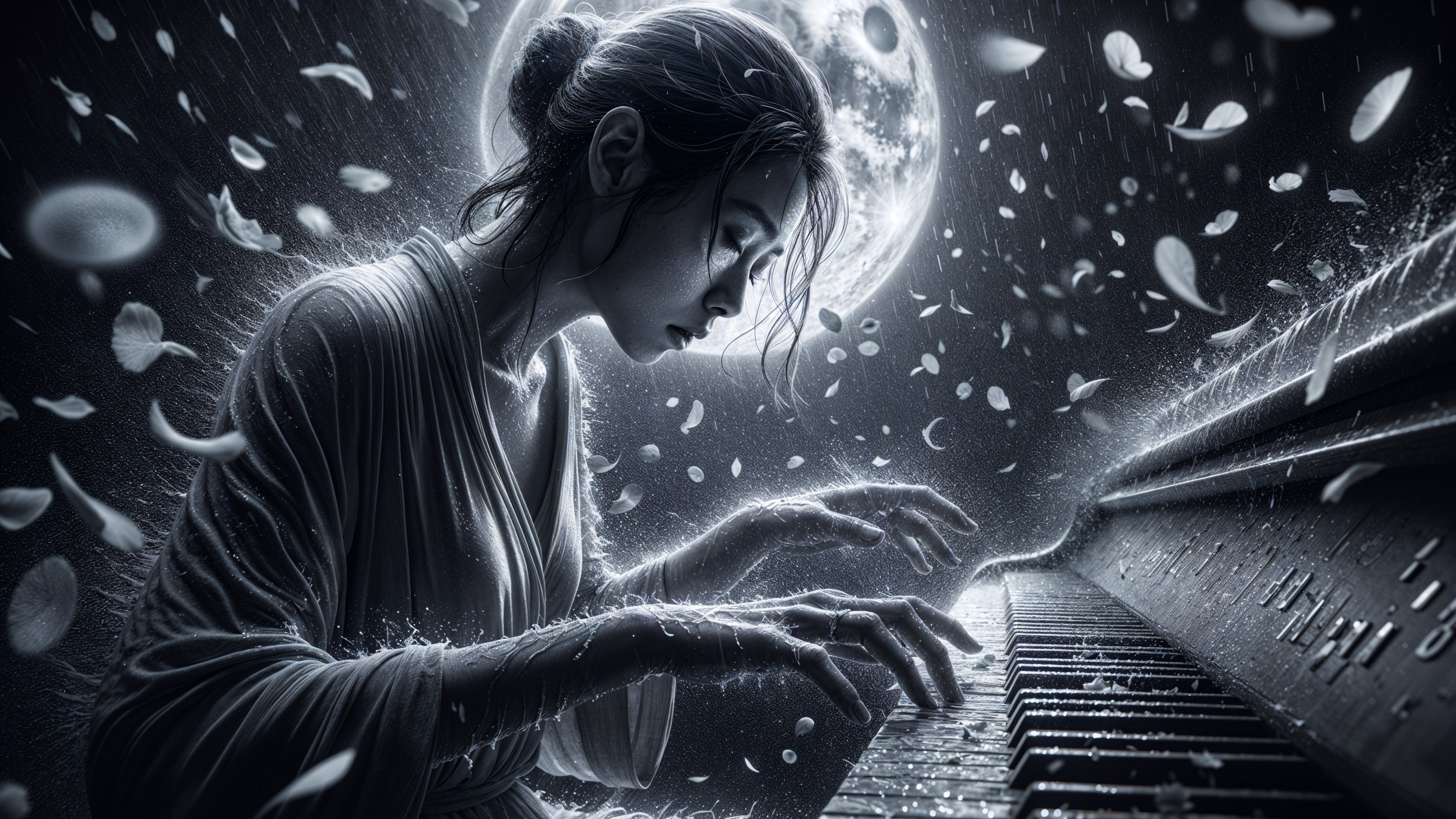 Woman Playing Piano Under Full Moon and Petals