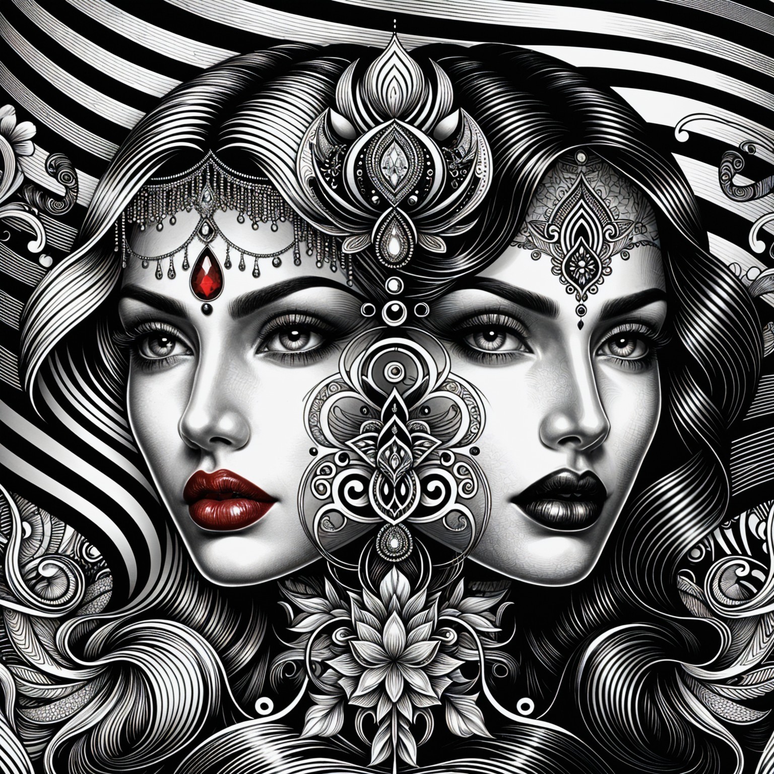 Intricate Female Faces with Decorative Elements and Patterns