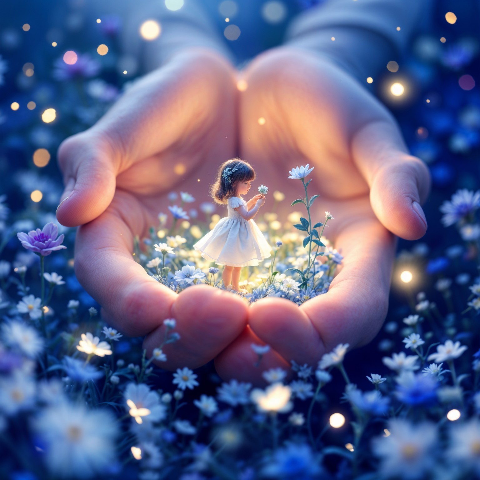 Child in hands surrounded by vibrant flowers and lights