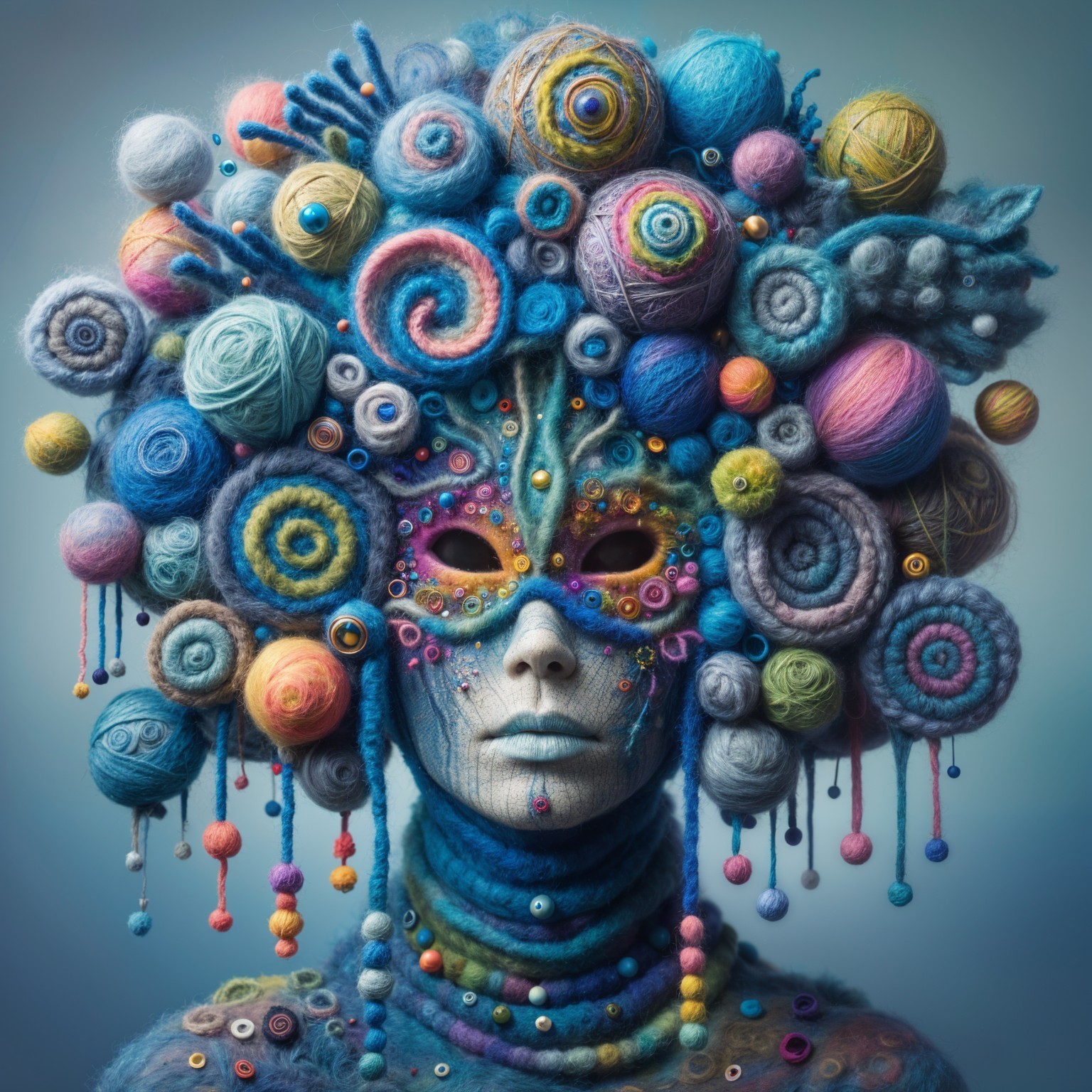 Colorful Yarn Ball Headdress and Whimsical Mask Design