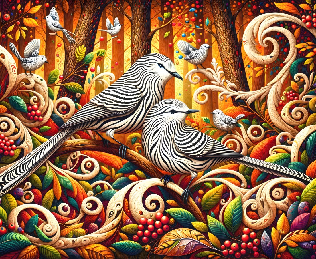 Vibrant Autumn Forest Scene with Stylized Trees and Birds