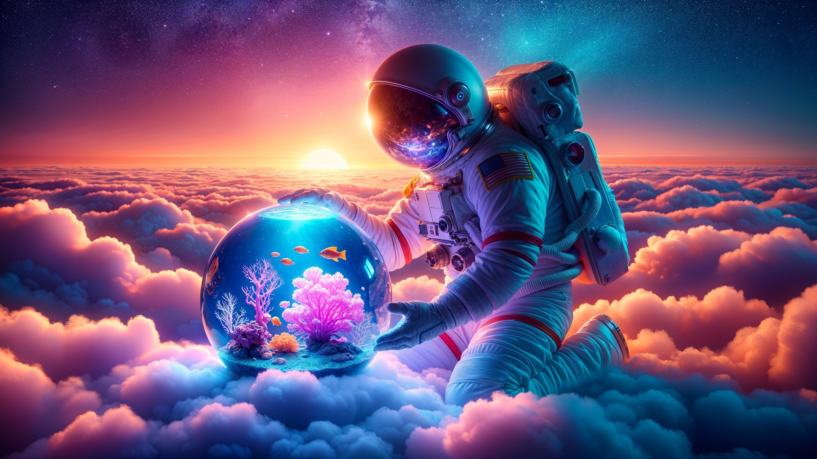 Astronaut with fishbowl in colorful sunset sky