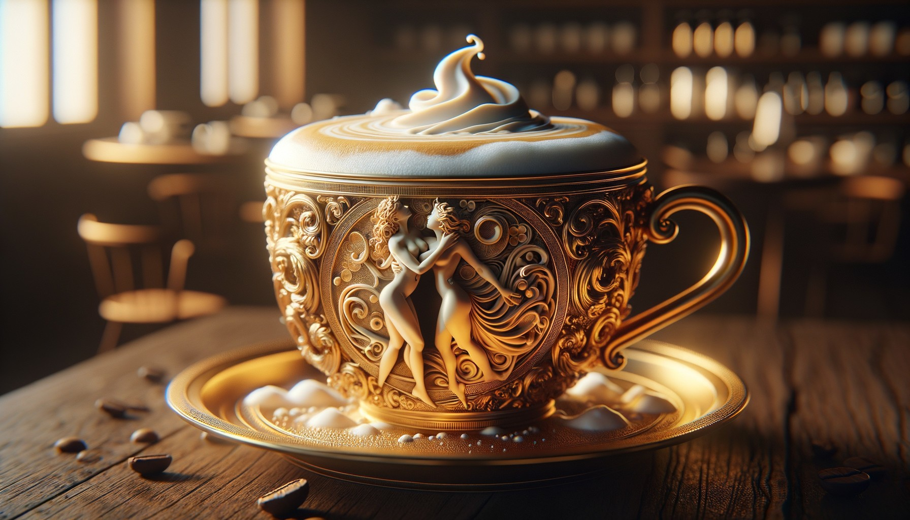 Intricately Designed Golden Coffee Cup with Beans