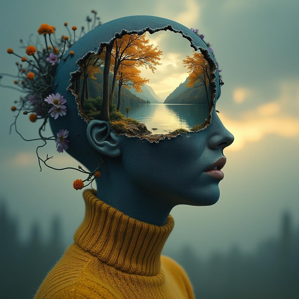 Surreal Portrait of Woman with Scenic Landscape Reflection