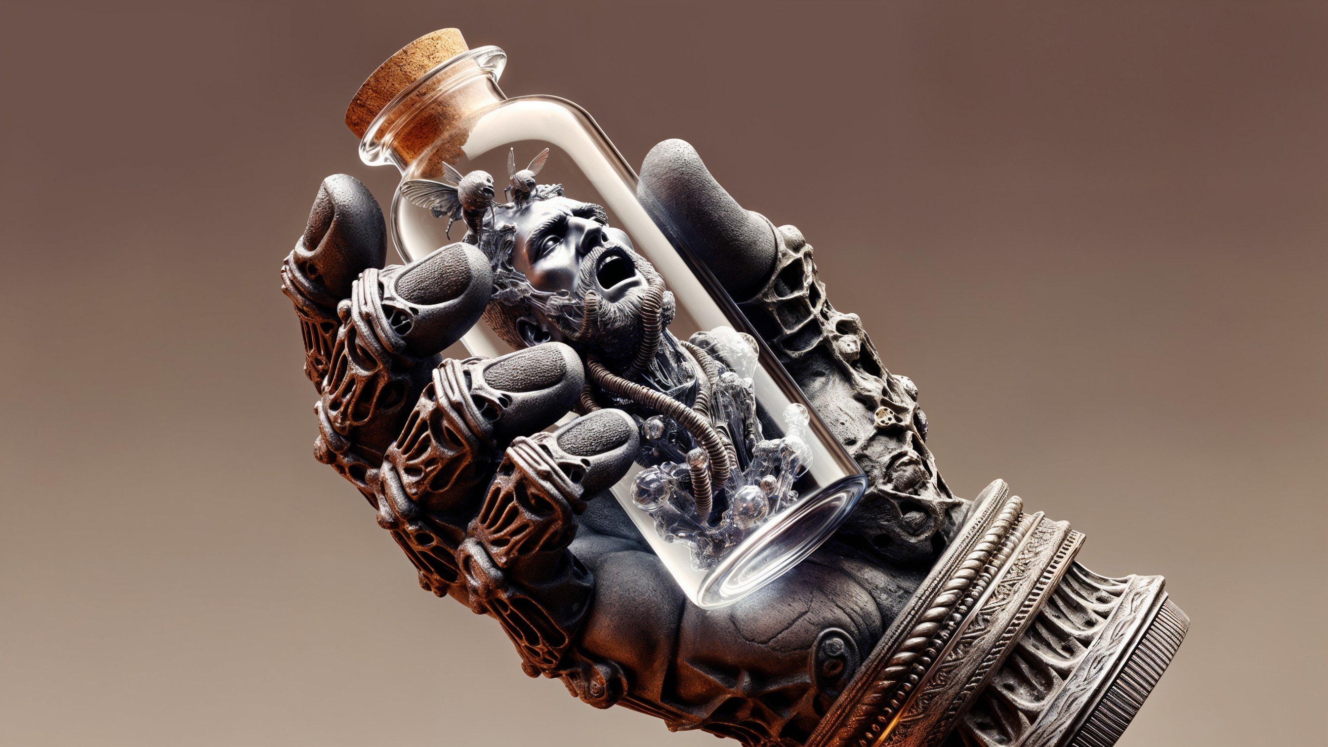 Metallic Hand Holding Glass Bottle with Sculpted Head