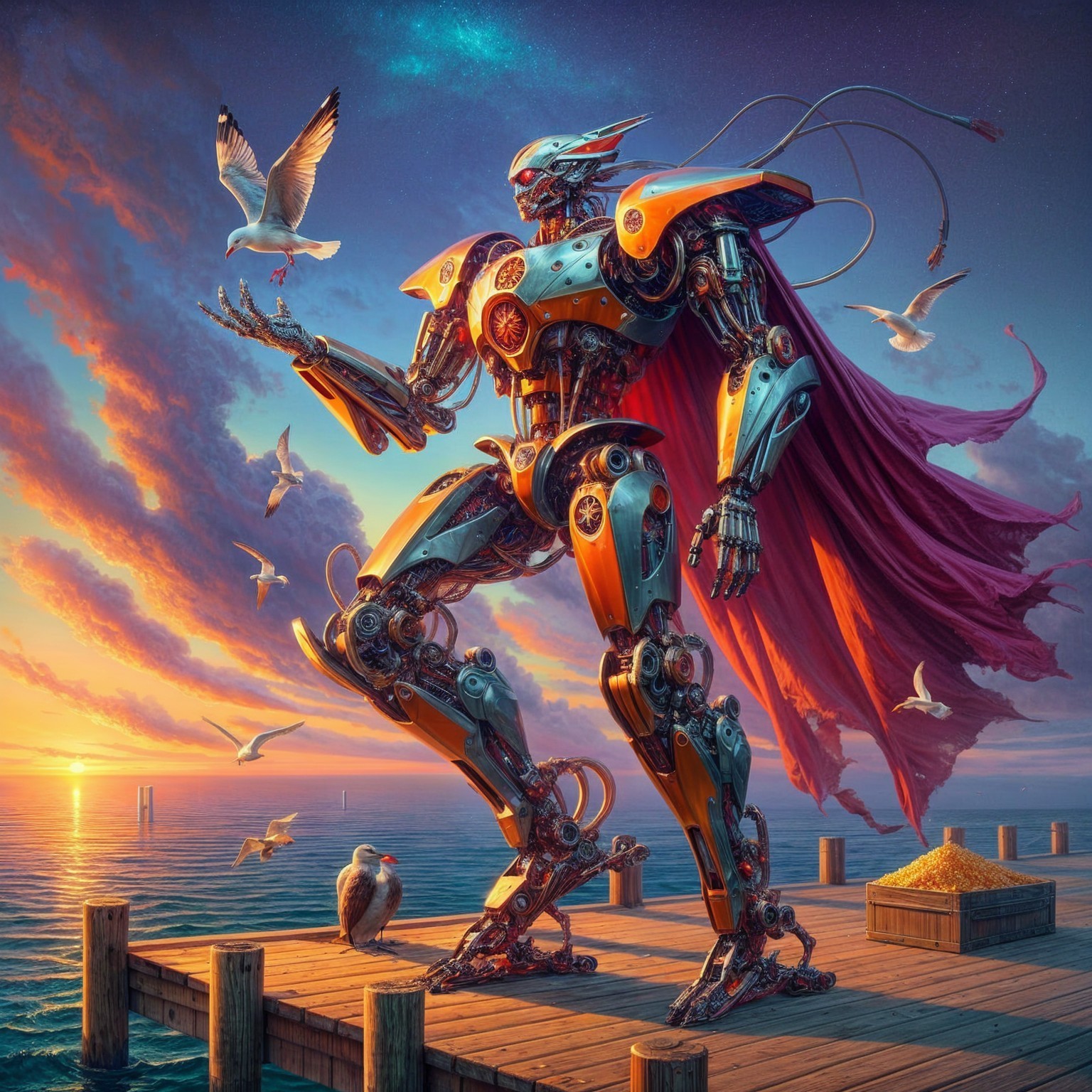 Robot on Pier at Sunset with Seagulls and Sky Colors