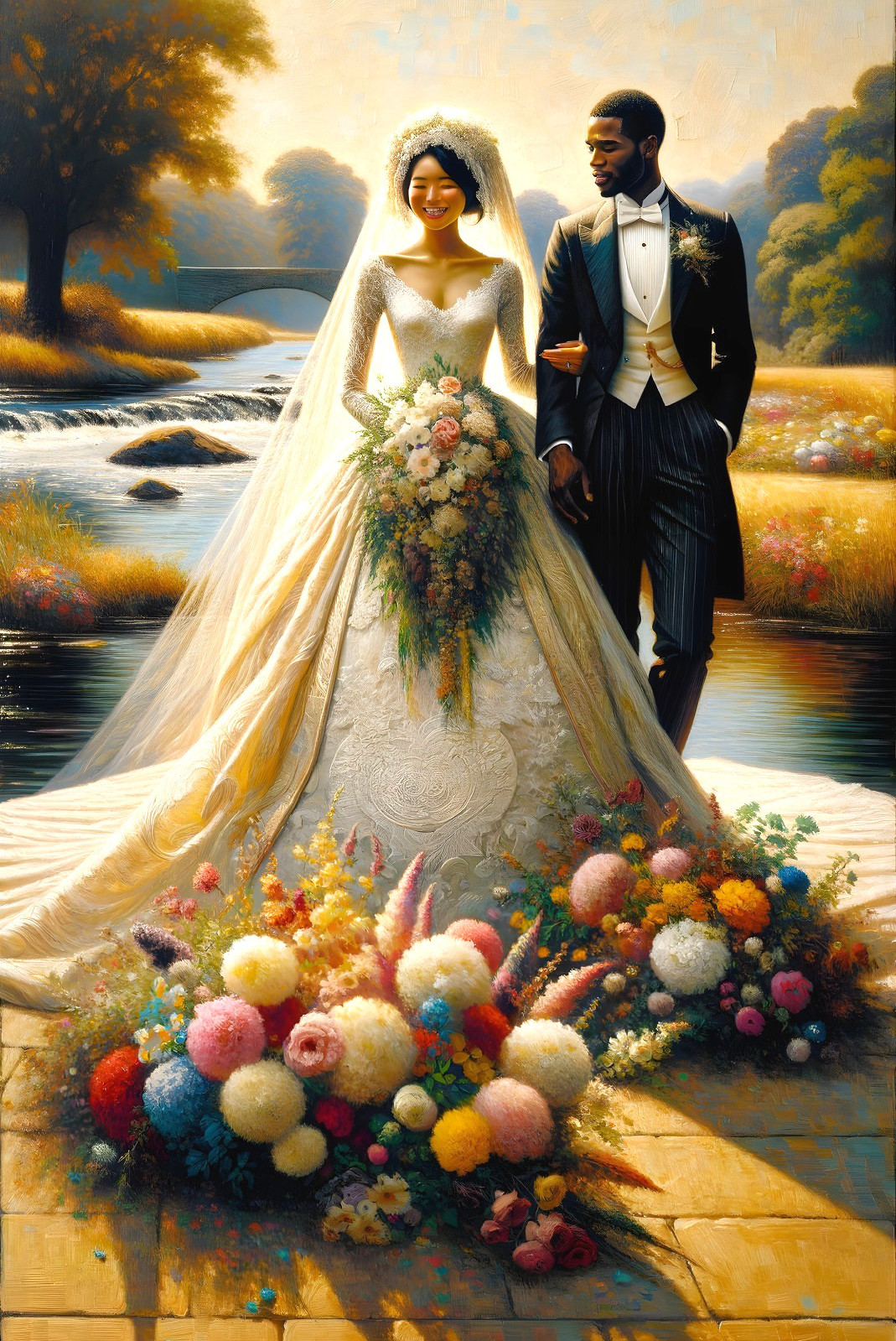 Couple by River in Golden Sunlight with Lush Greenery