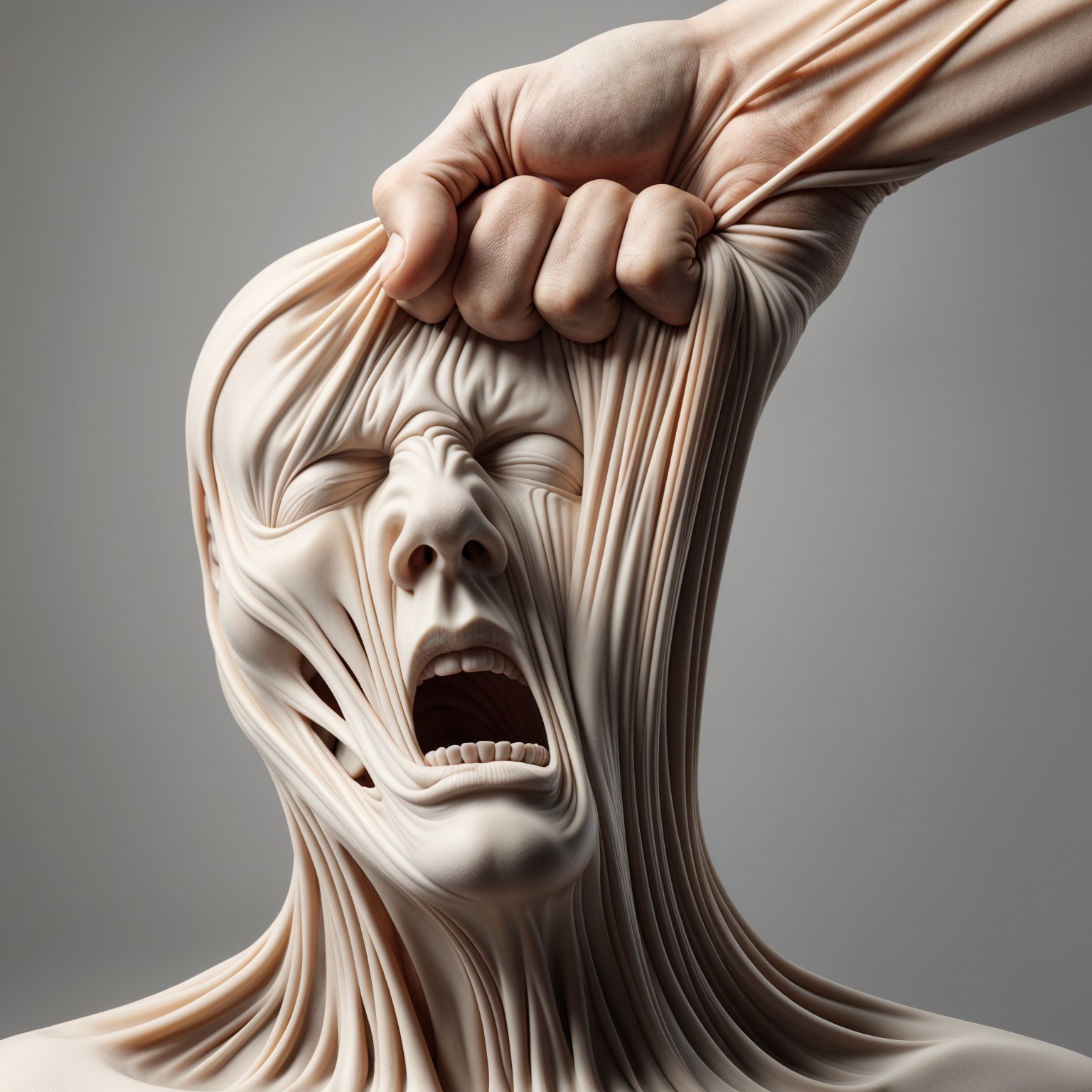 Surreal Figure with Distorted Facial Expression and Texture