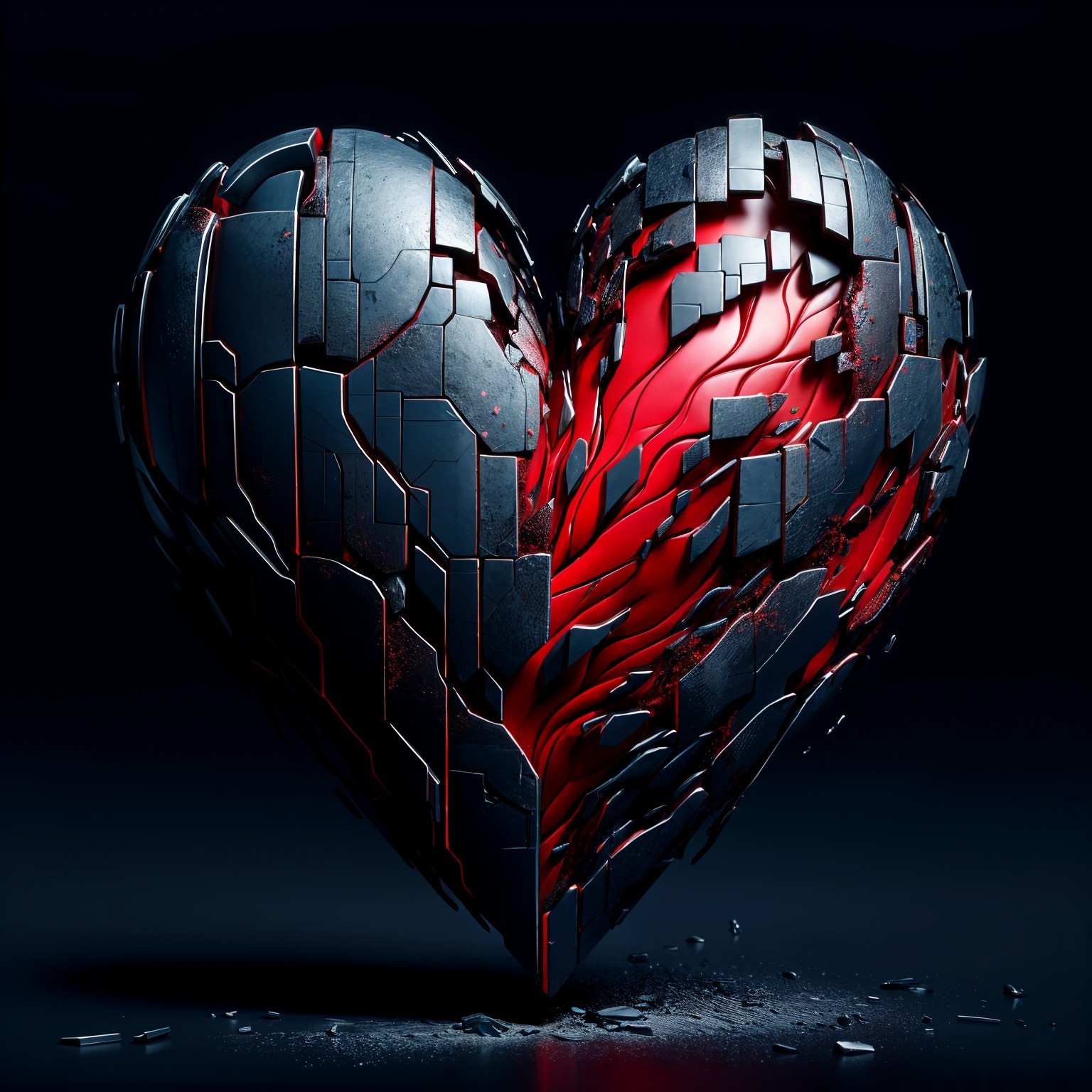 Metallic Heart Sculpture with Red Core and Fragments