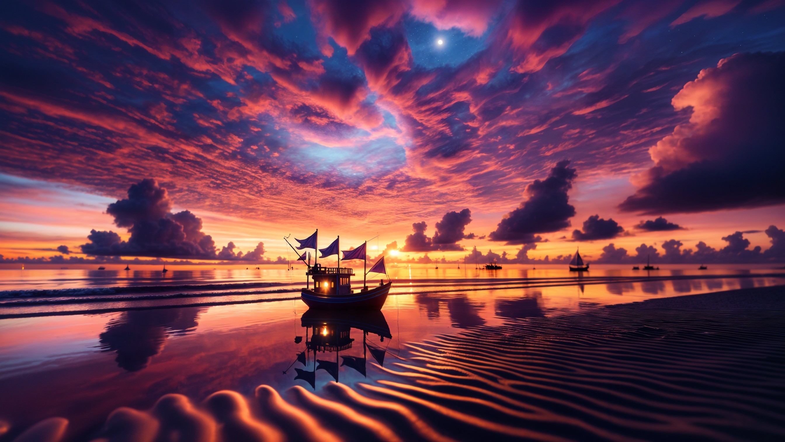 Lone Fishing Boat at Sunset Over Calm Waters