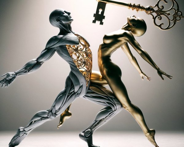 Surreal Scene of Stylized Figures in Golden Interior