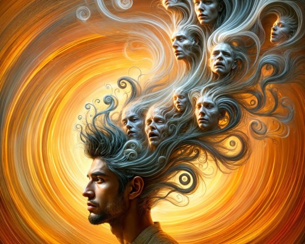 Surreal Portrait of a Young Man with Whirlwind Faces