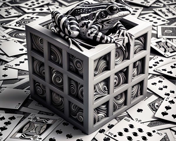 Black and White Illustration of Cube, Cards, and Frog