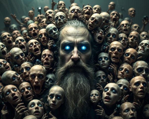 Surreal Scene with Bearded Figure and Doll Heads