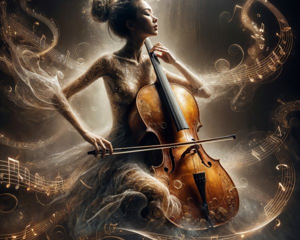Graceful Woman Playing Cello Surrounded by Music Notes
