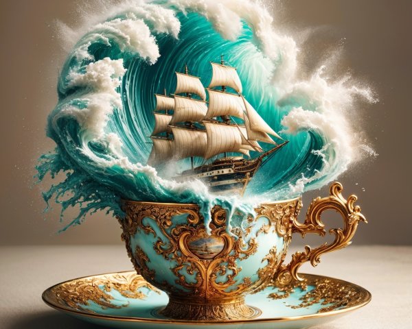 Teacup Featuring Gold Patterns and Ship in Wave Design