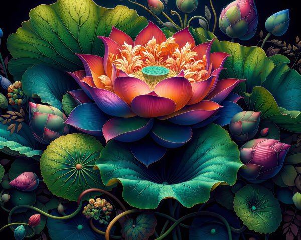 Close-up Illustration of Colorful Lotus Flowers and Lily Pads