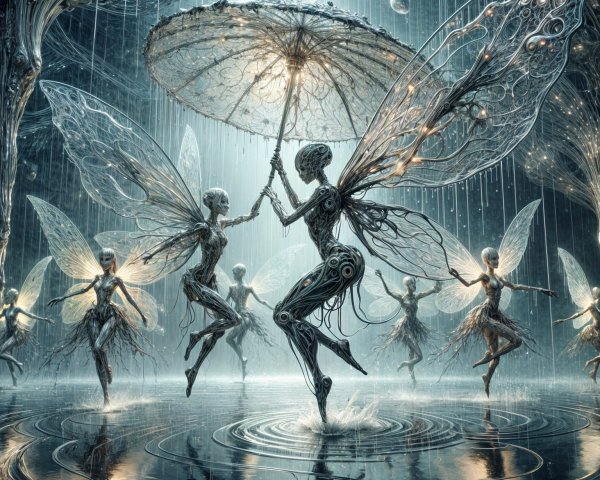 Surreal Fairies with Metallic Wings in Rainy Scene