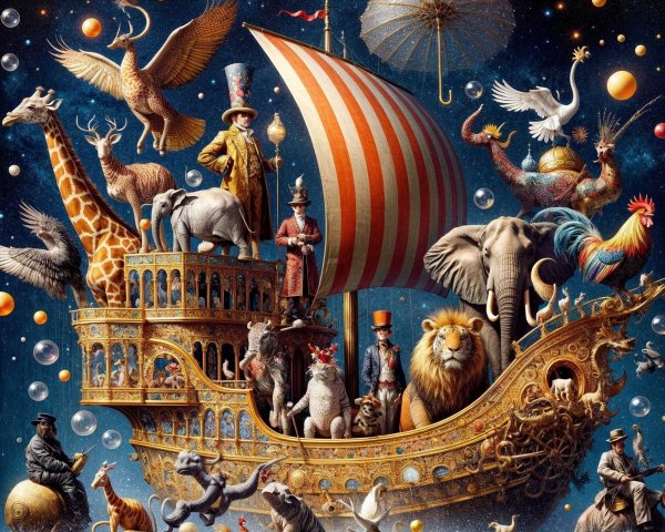 Ornate ship sailing in starry sky with whimsical animals