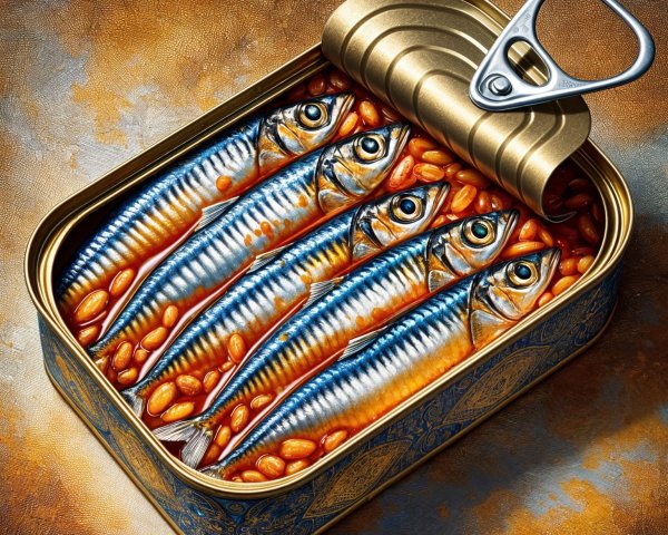 Tin Can with Silver Fish and Baked Beans Display