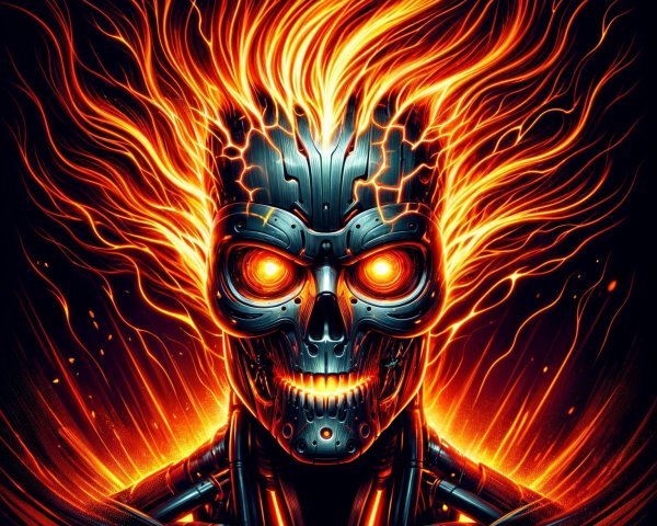 Futuristic skull with glowing eyes and fiery tendrils