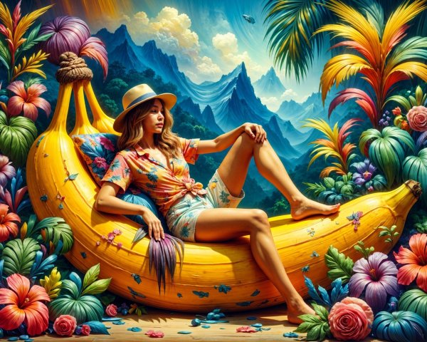 Woman on Banana Sofa in Tropical Paradise Setting
