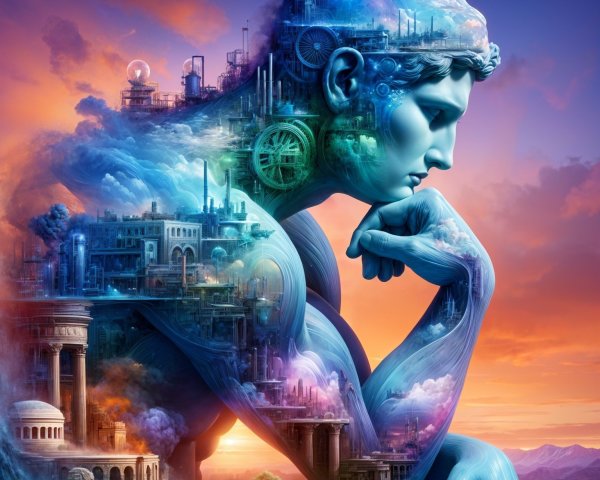 Colossal Figure Merging with Industrial Landscape
