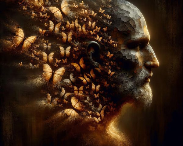 Profile of a Man with Stone Scale Skin and Butterflies