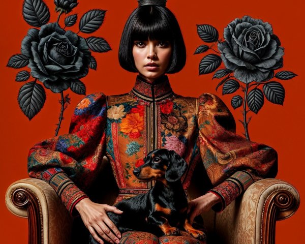 Regal Woman in Vintage Gown with Dachshund and Roses