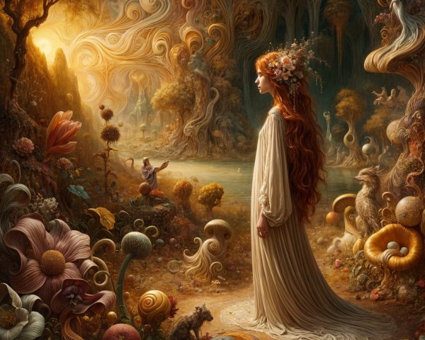 Mystical Landscape with Serene Figure and Surreal Flora