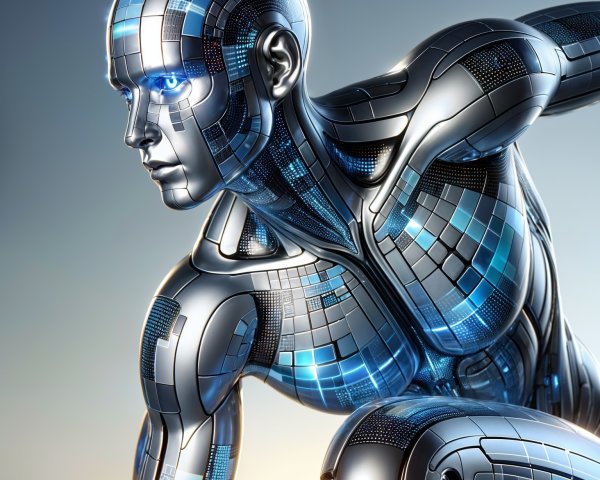 Futuristic humanoid robot with chrome and blue design