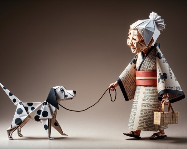 Intricate Origami Scene of Woman with Dog and Basket