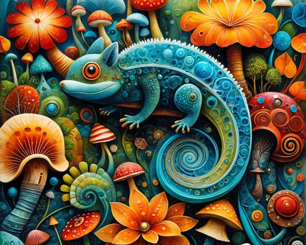 Colorful Chameleon Among Whimsical Mushrooms and Flowers