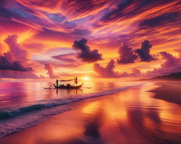 Fisherman in Small Boat at Sunset Over Vibrant Sky