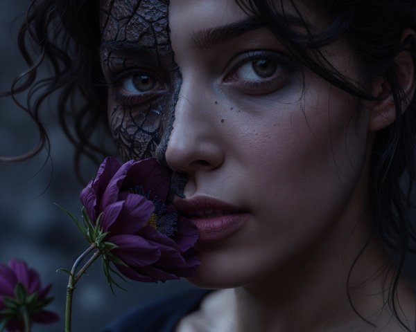 Portrait of a Woman with Cracked Patterns and Flower